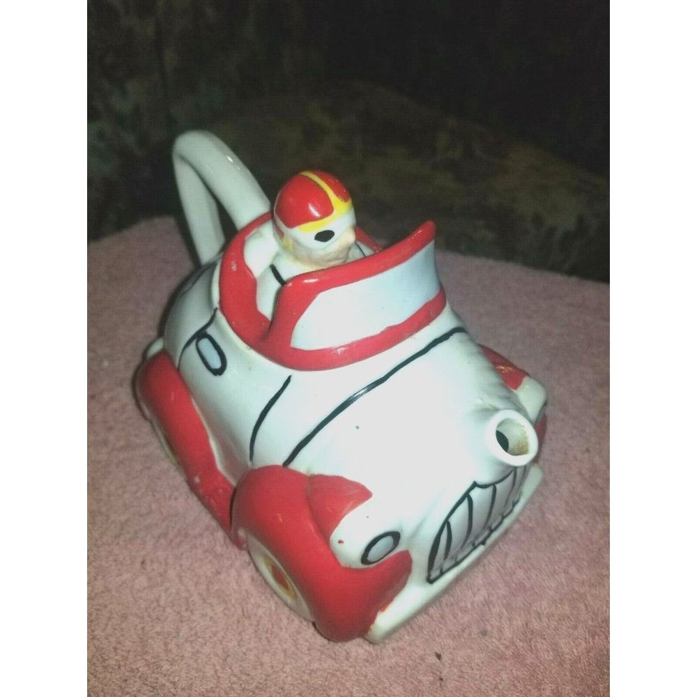 T42 Ceramic Race Car Teapot JSNY Lidded Tea Pot Vintage